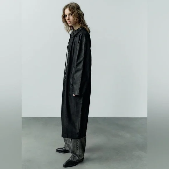 【新品!!】ZARA Black Oversized Mods Coat S-M ZARA Oversized Denim Coated Trench Coat, Black, XS/SM